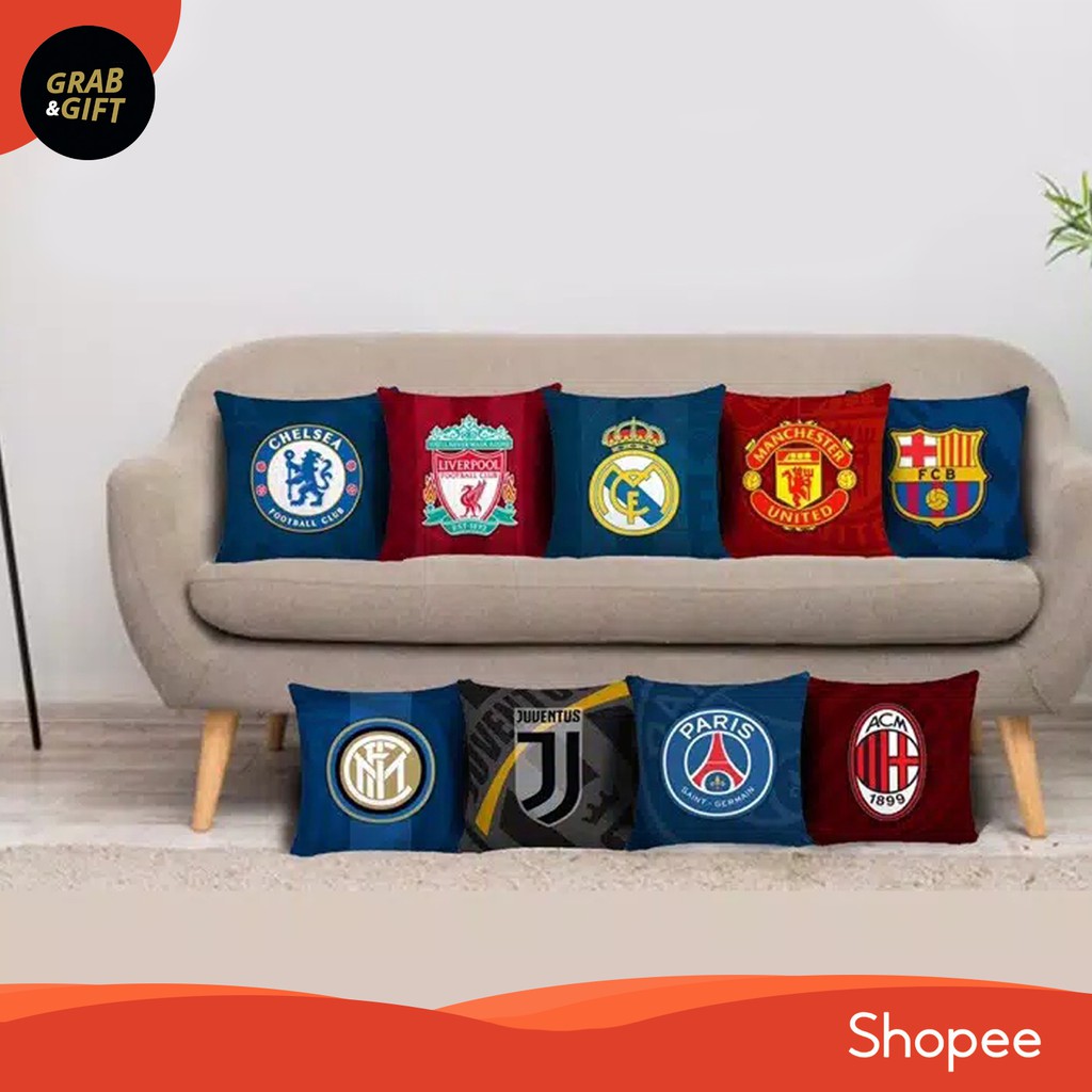 Bantal Sofa Print Motif Club Bola 40x40 cm Soccer Cushion Pillow