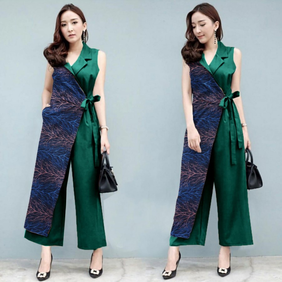 Jumpsuit Wanita Pakaian Cewek Baju Murah Kekinian Fashion Combi Batik Madeka Sage Green Hijau Sage