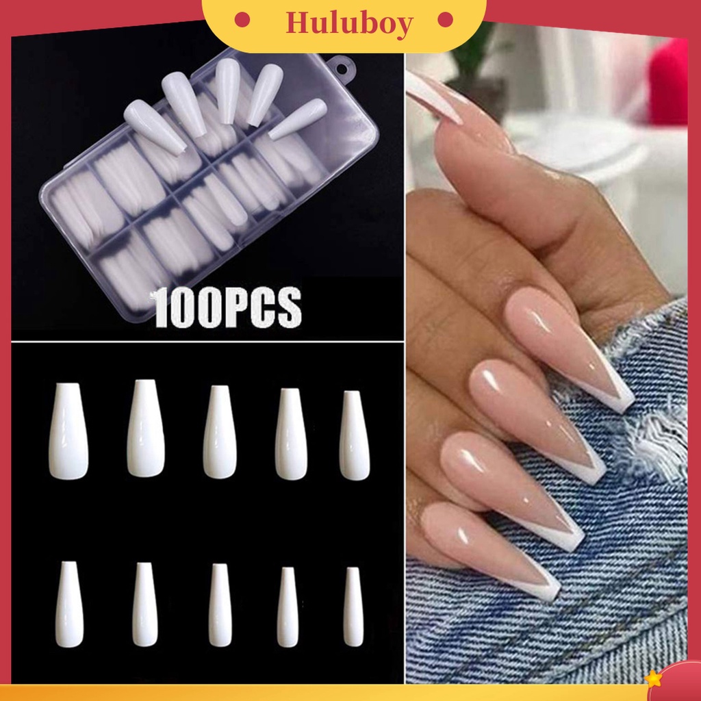 Huluboy Huluboy♡ 100pcs Kuku Palsu Full Cover Natural Dengan Kotak Untuk Wanita