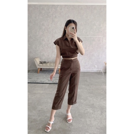 Rose One Set VOL2 (Top+Pants) / Baju Setelan Atasan Bawahan Wanita-Dark Choco (VOL2)