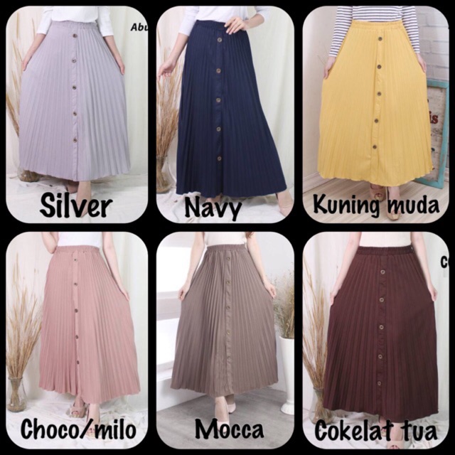 336 - rok plisket kancing pleated skirt flare skirt panjang murah grosir feminim cantik casual polos