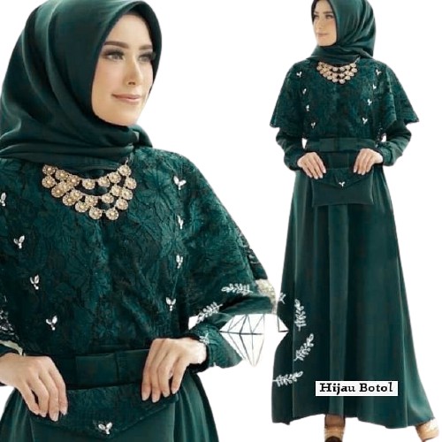 GAMIS BRUKAT NADINE KOMBINASI MOSCREPE / Gamis brokat busui/bumil muslimah wearr masa kini terbaru-HIJAU BOTOL