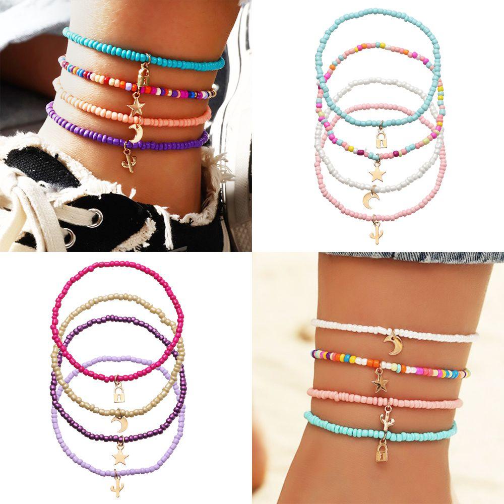 Nanas 4PCS/SET Multilayer Gelang Kaki Wanita Pantai Bohemian Anklet Mixed