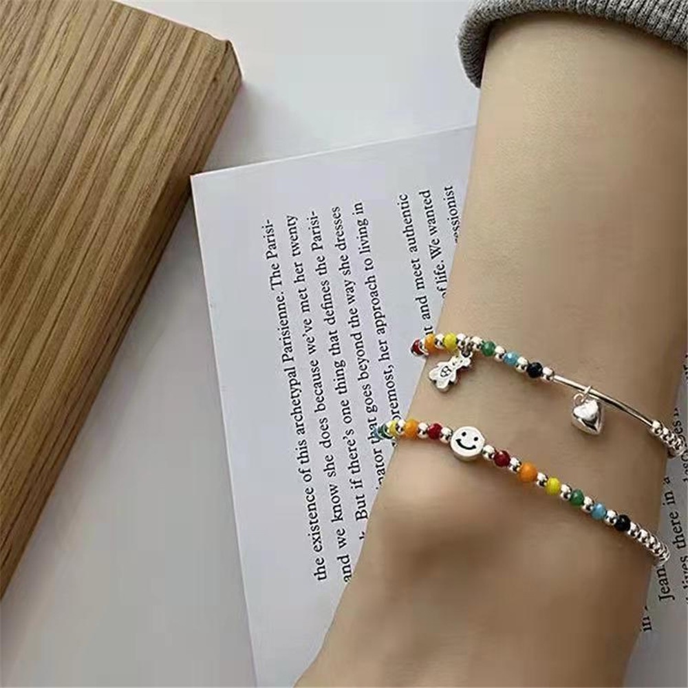 Korea Lucu Beruang Smiley Face Liontin Gelang Pelangi Warna-Warni Manik-Manik Bracelets Jewelry