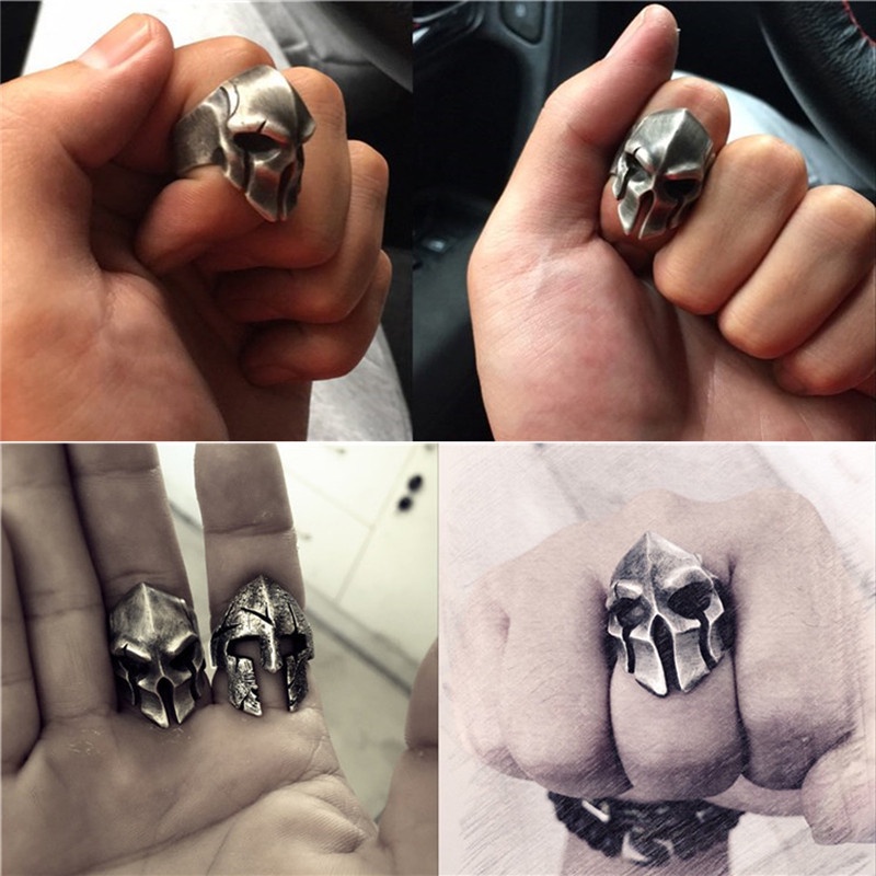 Cincin Model Terbuka Desain Masker Spartan Warrior Bahan Metal Gaya Vintage Punk Rock Hip Hop Untuk Pria