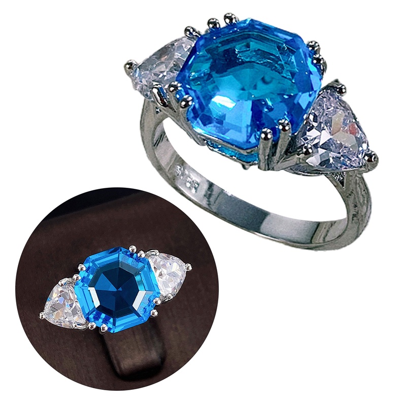 Cincin Cubic Zirconia Warna Biru Putih Untuk Wanita