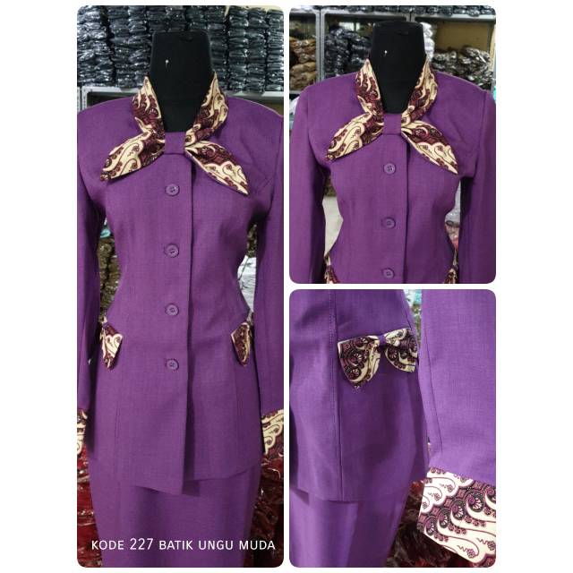 Setelan Blazer Batik Wanita Warna Ungu Muda 227
