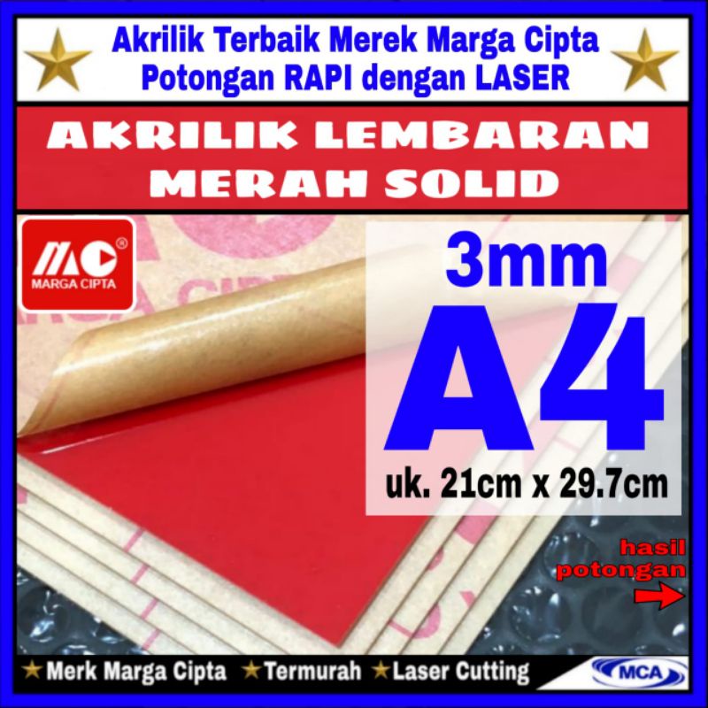 AKRILIK lembaran MERAH SOLID 3mm A4 / Marga cipta / Acrylic