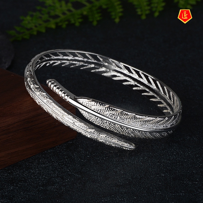 [Ready Stock]Women's Fashion Vintage Silver Feather Bracelet