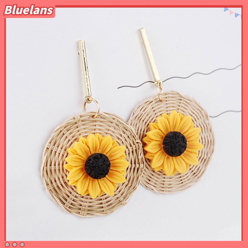 Bluelans Boho Sunflower Rattan Woven Round Pendant Statement Women Stud Earrings Jewelry