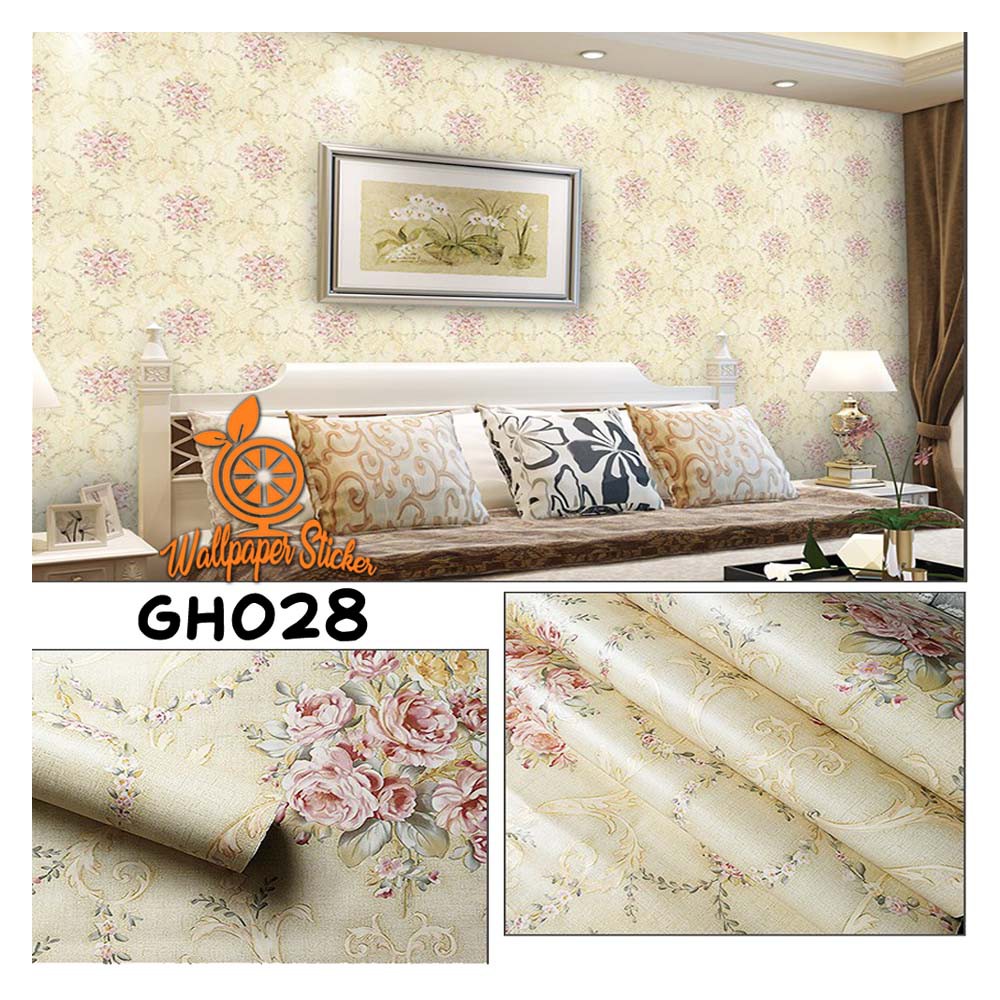 (COD) Gudang Wallpaper Sticker Dinding kamar anti air Murah Dan Terbaik Motif Kembang Cream Bahan PVC Premium (SUDAH ADA LEM)