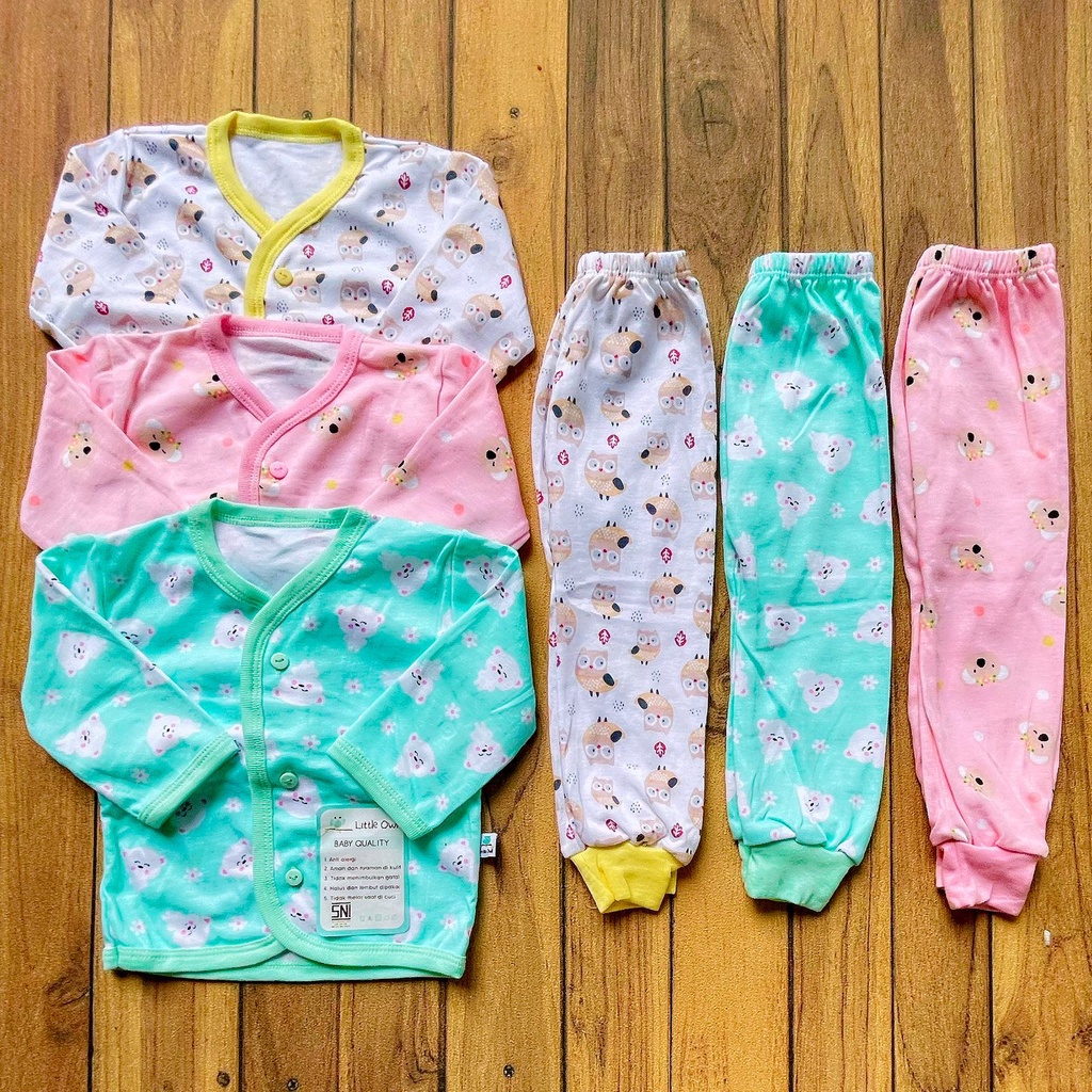 3Pcs Setelan Piyama Baju Panjang Celana Panjang Baju Pendek Celana Pendek Size 0-3 Newborn Little Owl