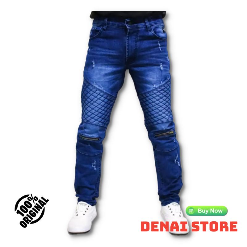 Jeans bikers pria Celana jeans Sobek Ripped Celana bikers panjang pria Celana skinny ripped panjang