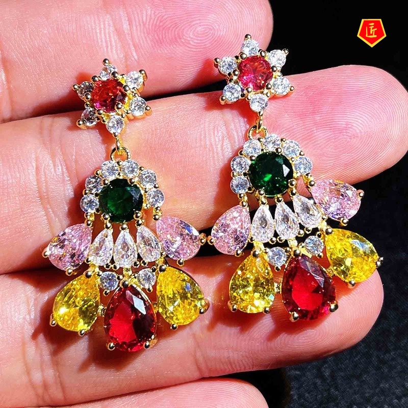 [Ready Stock]Light Luxury Long Fashion Retro Colored Gems Earrings