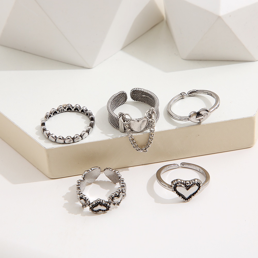 5pcs / Set Cincin Rantai Bentuk Hati Warna Silver Untuk Wanita