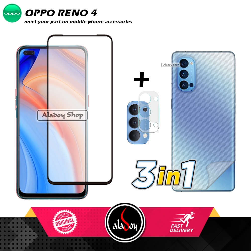 PAKET 3 IN 1 Tempered Glass Layar Oppo Reno 4 Free Tempered Glass Camera dan Skin Carbon