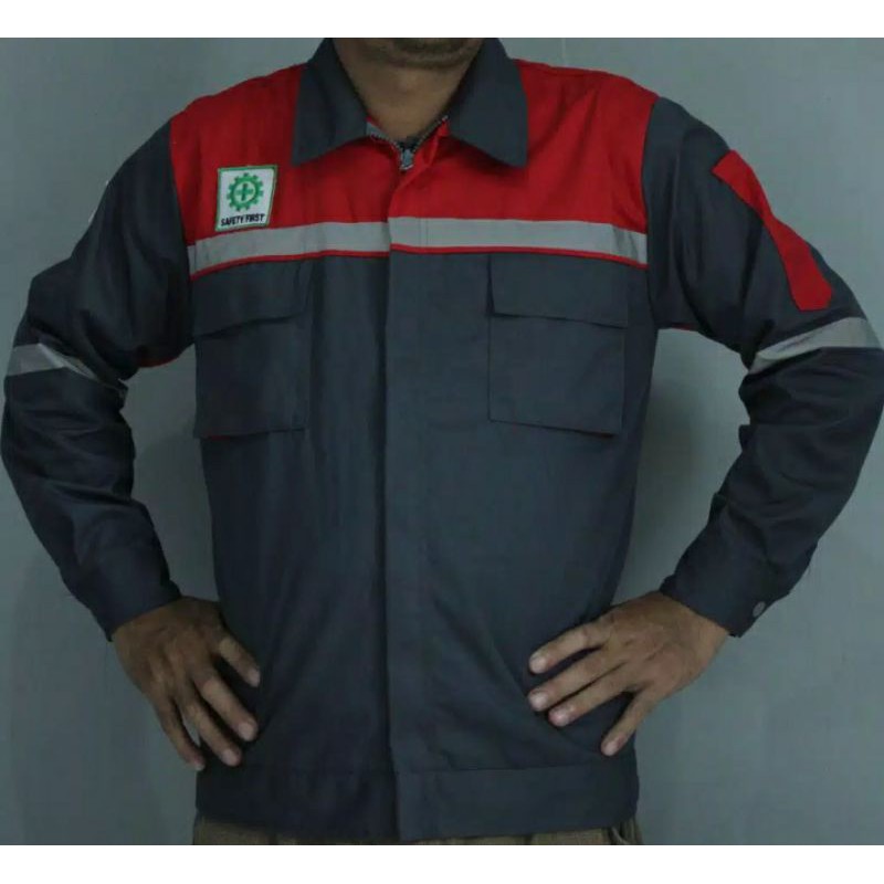 SERAGAM BAJU SAFETY MERAH KOMBINASI ABU ABU RESLETING KAIN DRILL