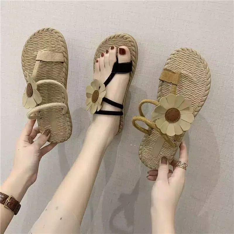 Sandal Jepit Wanita suede etnik bunga matahari