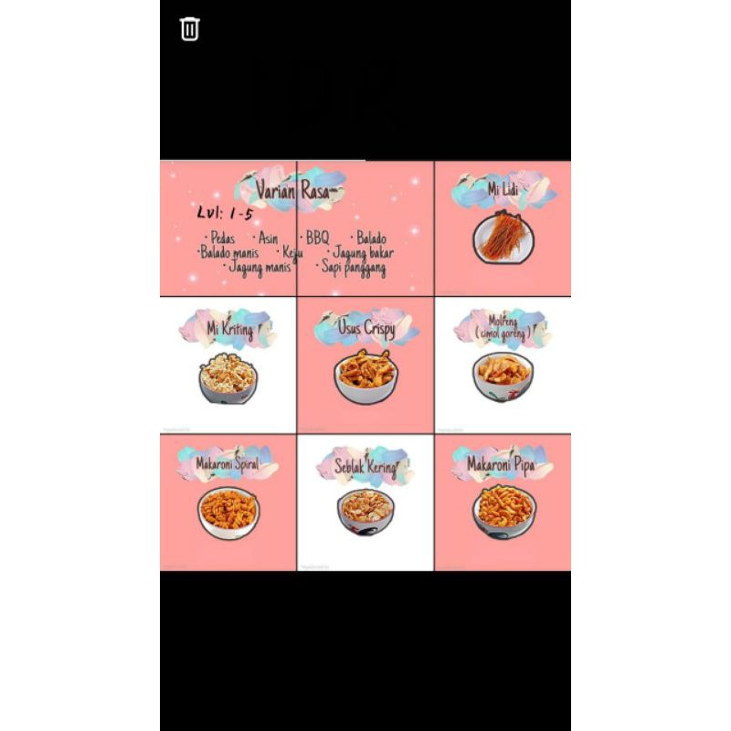 

snack makroni,kripik seblak,usus,mie lidi,dll