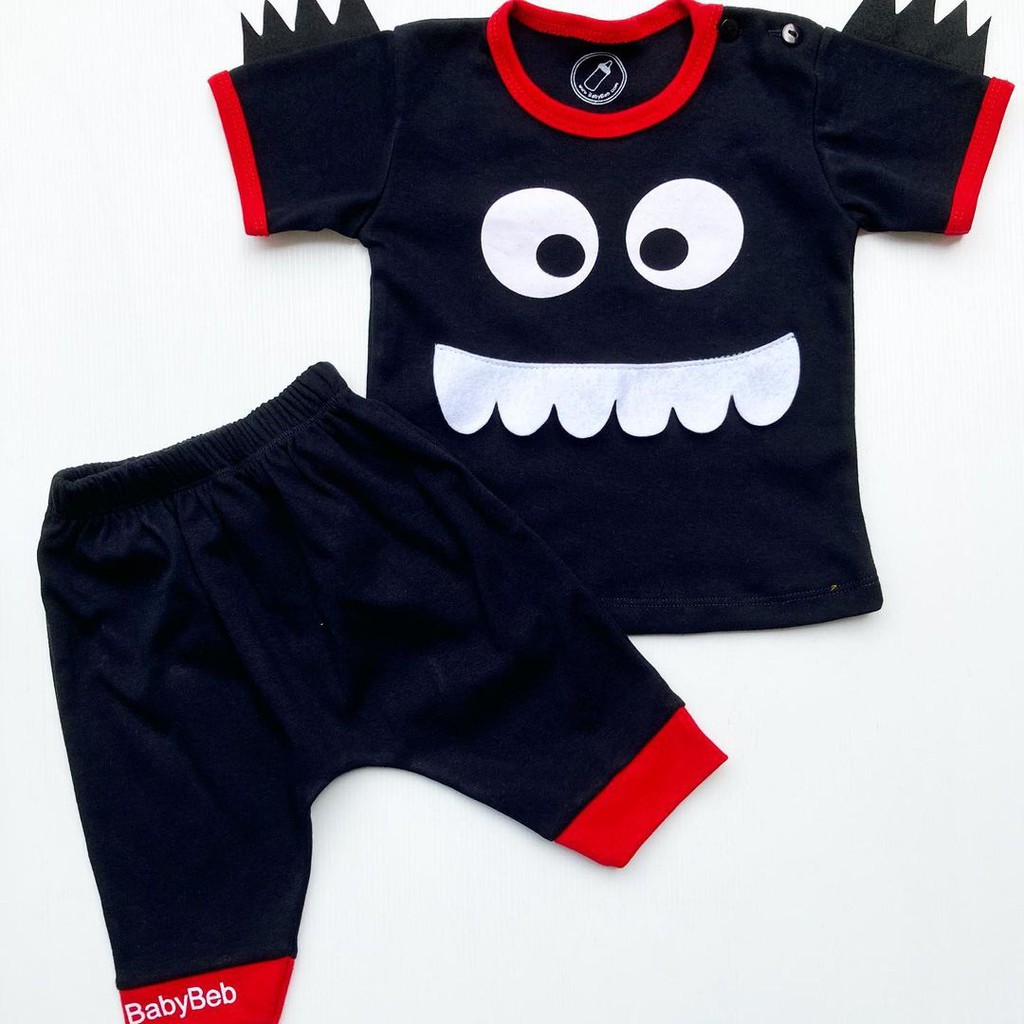 BERSERTIFIKASI SNI BABYBEB Little Monster BabyBeb Baju Setelan Kaos Celana Pergi Jalan Lucu Fashion Anak Bayi Cowok Laki Lucu