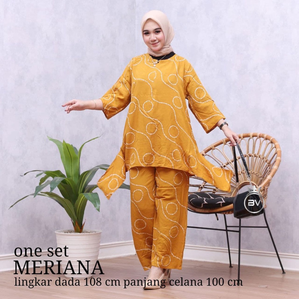 Meriana Set - One Set Wanita Rayon Premium Setelan Wanita Batik Lengan 7/8 Set Celana Kekinian LD 108 cm