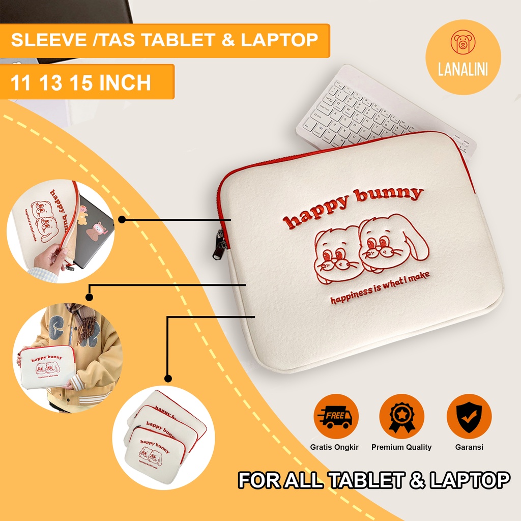 Sleeve Pouch Sarung Tas Bag Case Ipad Tab Tablet Macbook Air Pro Laptop Asus Acer Lenovo HP Huawei 11 12 13 14 15 inch Motif Gambar Kelinci Rabbit Twin Bunny Warna Putih Merah Lucu Cute Murah Korean Model
