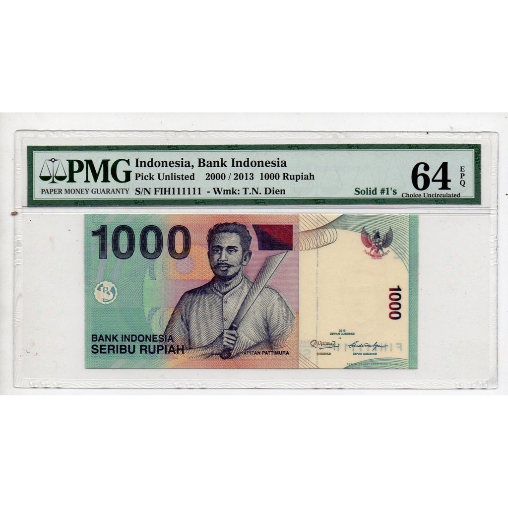 Indonesia PATIMURA IDR 1000 CHOICE UNC PMG 64 uang kuno SN SOLID FIH 111111