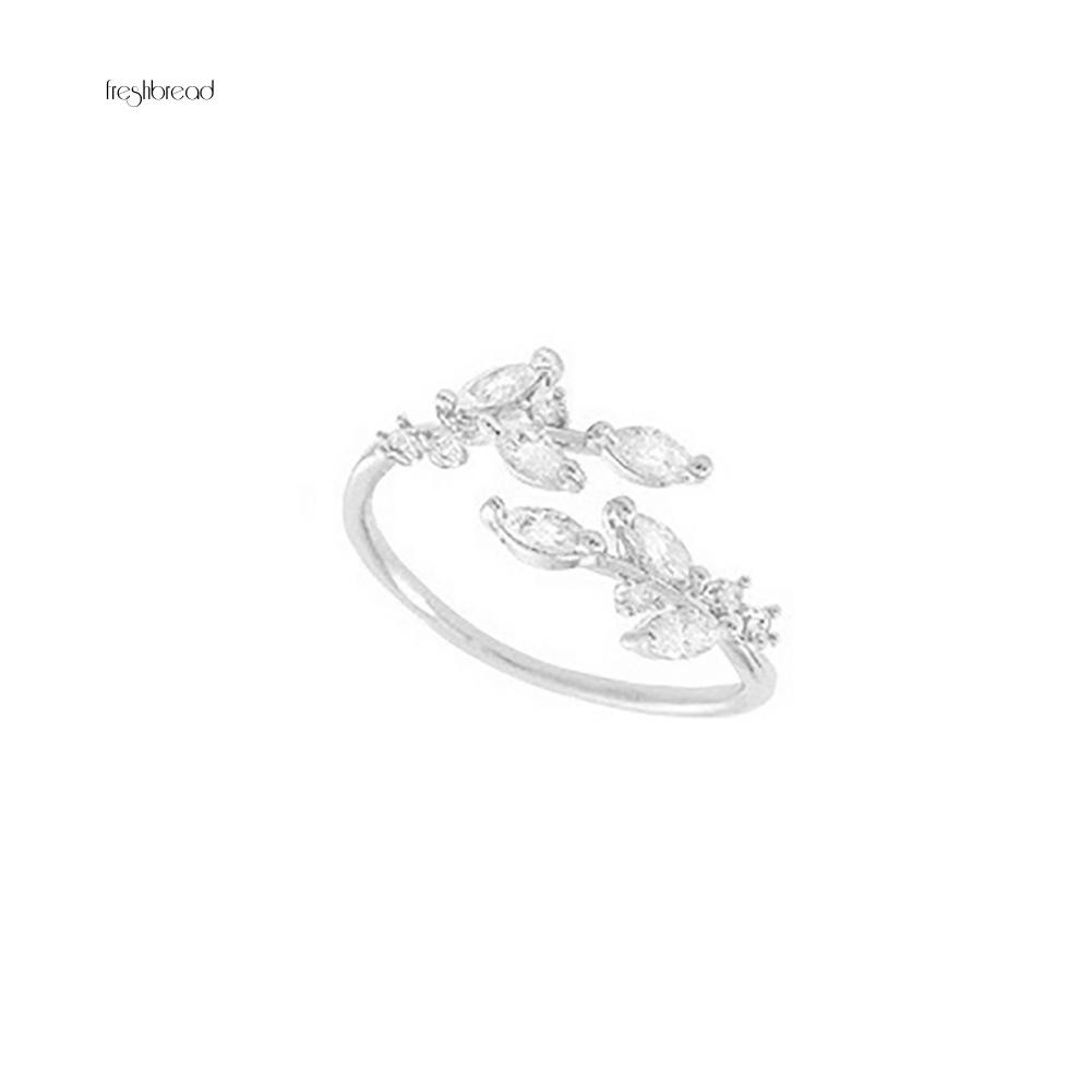 [Fresh] Cincin Terbuka Adjustable Motif Daun Hias Berlian Imitasi untuk Wanita / Pesta / Club