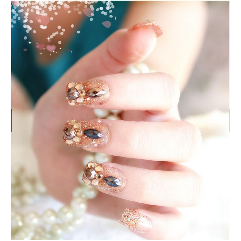 NAIL ART WEDDING - 24Pcs Kuku Palsu Kristal Berlian Imitasi Warna GOLD