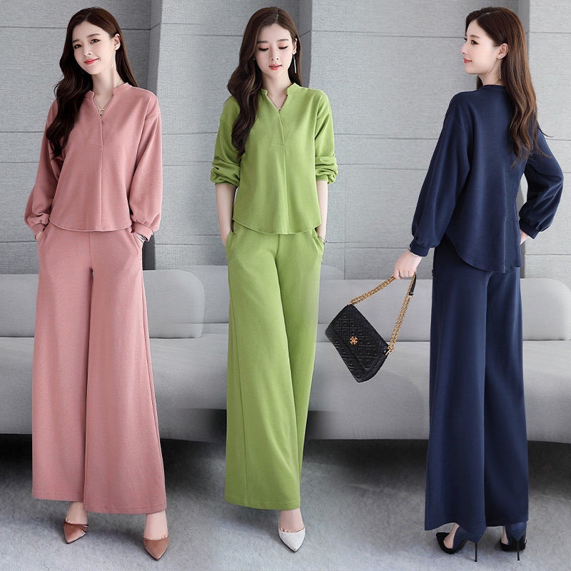 M-3XL Fashion One Set Setelan Wanita Katun Solid Longgar Lengan Panjang V-Neck Blus + Celana Panjang Set