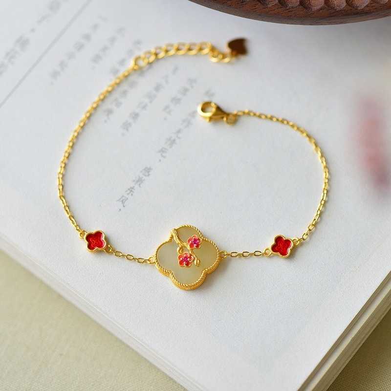 Classical Painted Clover Shape Natural Hetian Jade Earrings Necklace Bracelet Ring Set