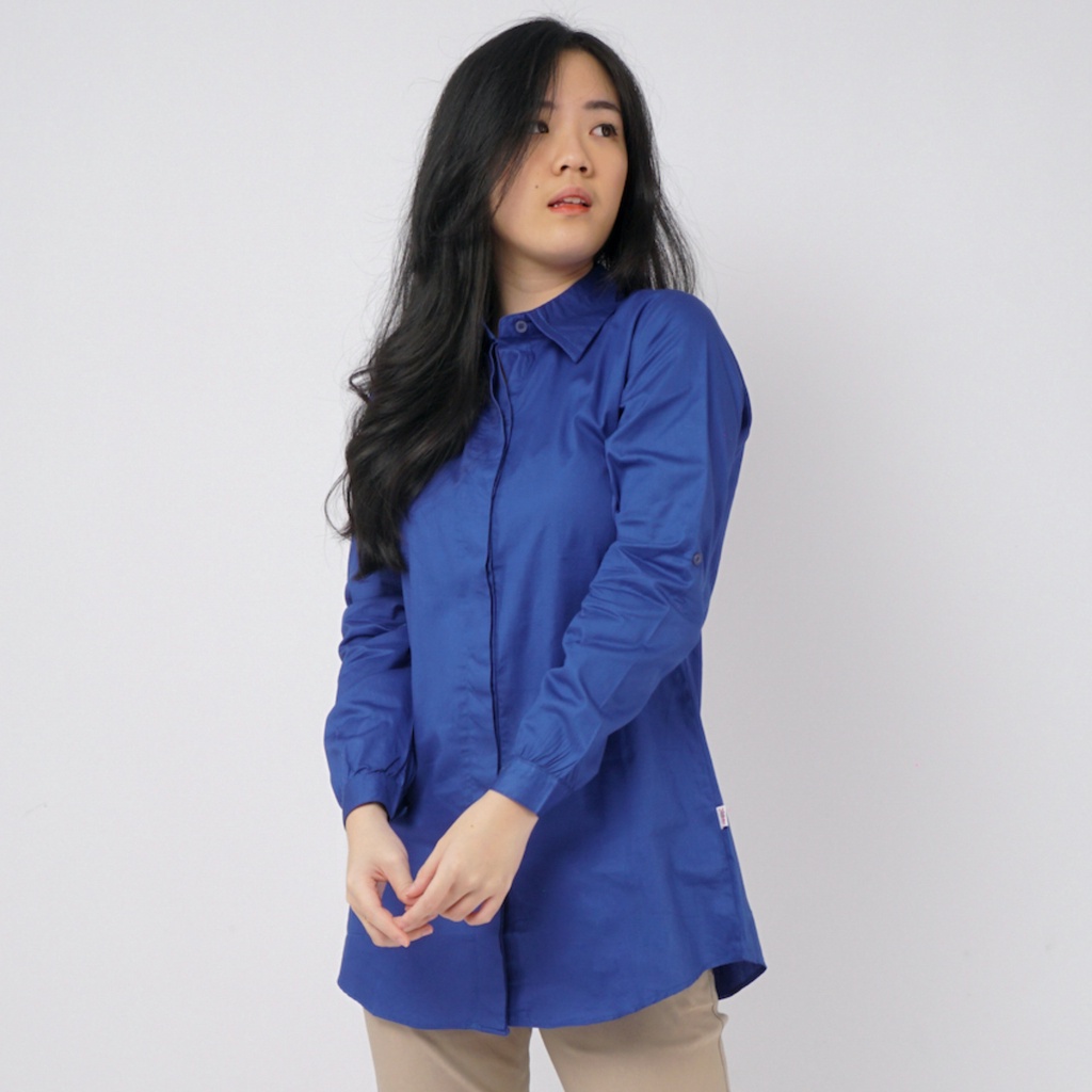 Kemeja Wanita Polos Lengan Panjang Slimfit - Biru Benhur - Aura Catalogue Slimfit Plain Shirt-1