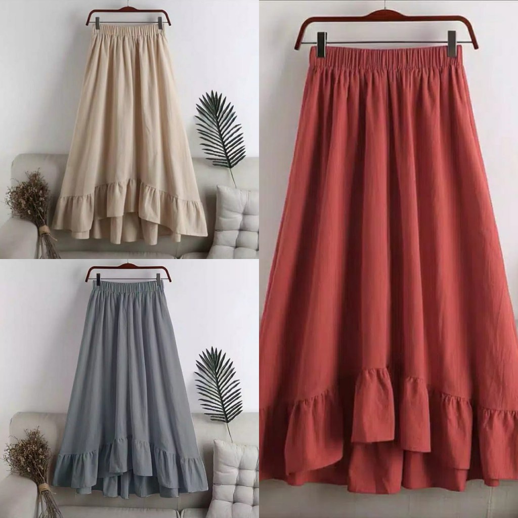 Rok Bawahan Linen Wanita Premium Remaja Dewasa Panjang Fashion Muslim Skirt Rok Cewek Kekinian Terba