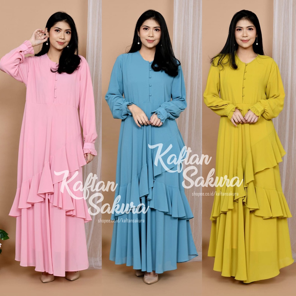 Baju Gamis Wanita Syar'i Muslim Lebaran 2022 Terbaru untuk Pesta Kondangan warna premium mewah terlaris  bahan ceruty babydoll full furing kirim instant same day warna pink kuning navy