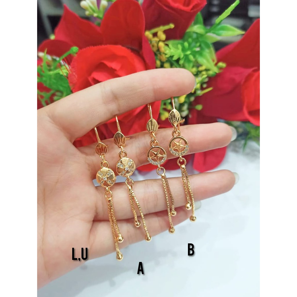 Anting TITANIUM wanita Jurai panjang permata Motif Gold lapis emas tidak karat | COD