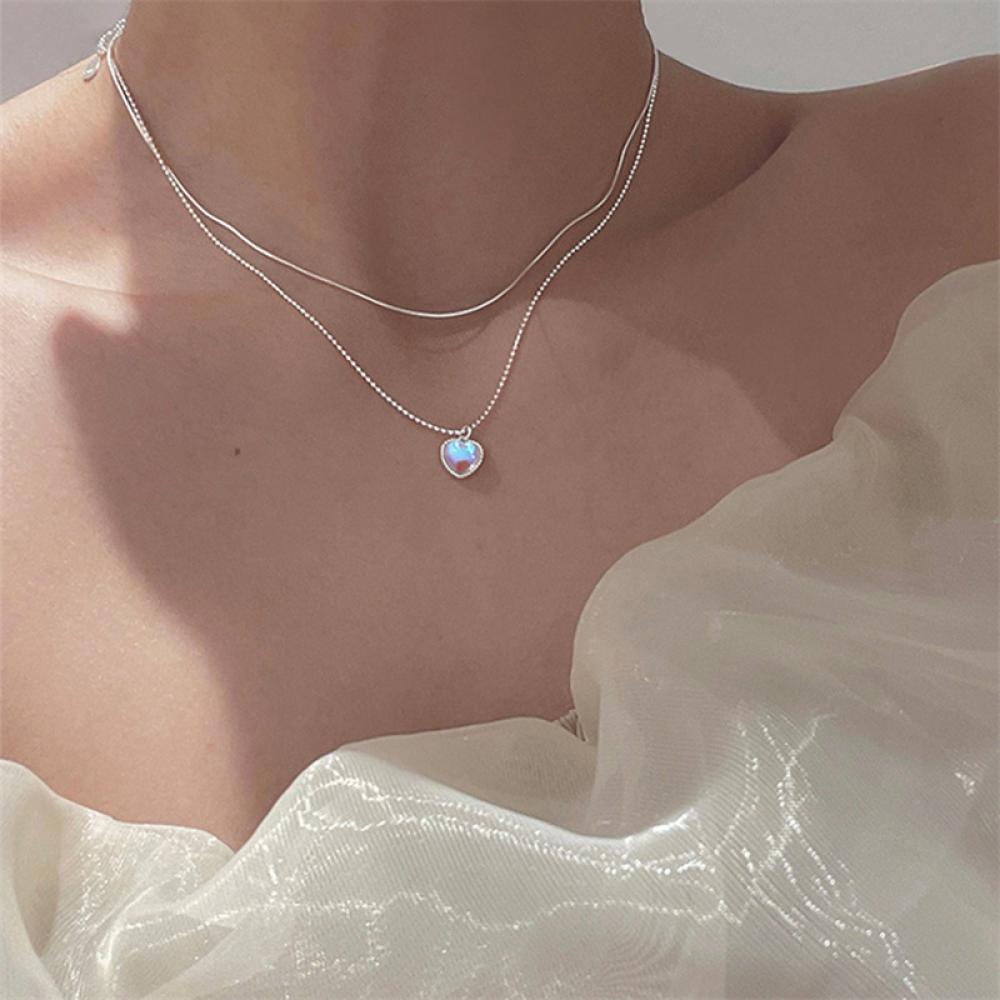 Timekey Kalung Choker Rantai Silver Wanita Liontin Hati Hias Moonstone Untuk Pesta Pernikahan E6Y5