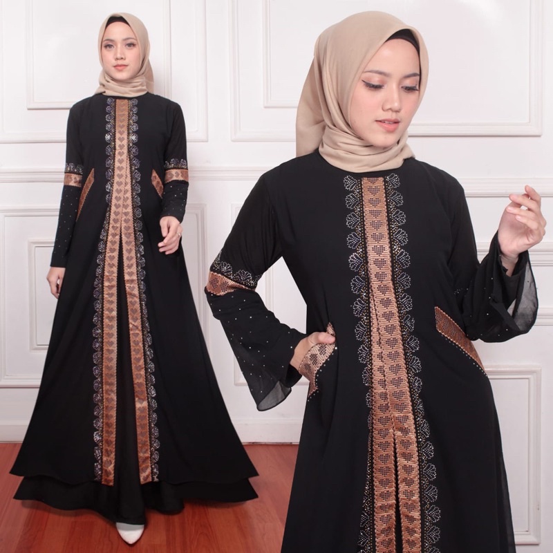 Gamis ceruty baby doll Abaya Arab Belah tengah Tingkat Hitam