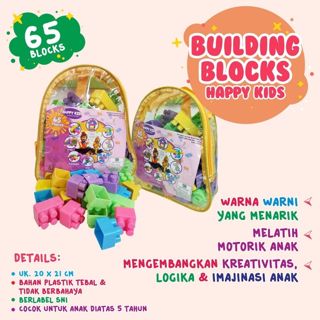 Mainan Edukasi Building Blocks Bricks Happy Kids Isi 60/65/126/216/316 PCS - Balok Susun - Block SNI