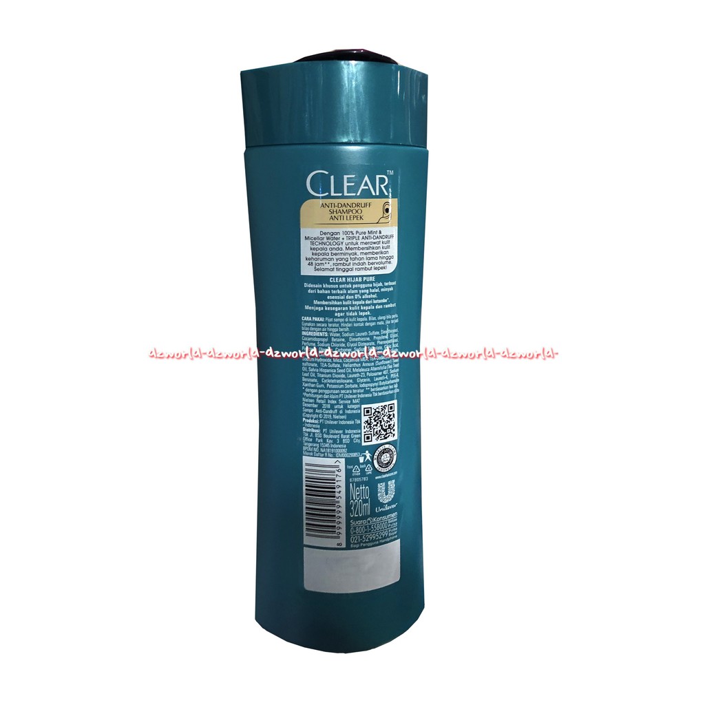 Clear Hijab Pure Anti Ketombe Lepek 320ml Shampoo Untuk Berjilbab Halal