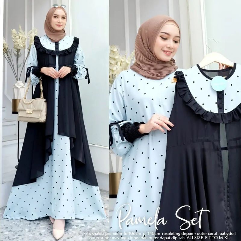 Pamela Set Gamis Rompi  Ceruty Babydoll Polka / Set Gamis Rompi  / Set