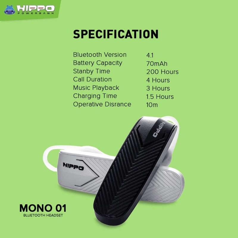 Hippo Bluetooth Mono 01 - Handsfree Bluetooth 4.1 Earphone