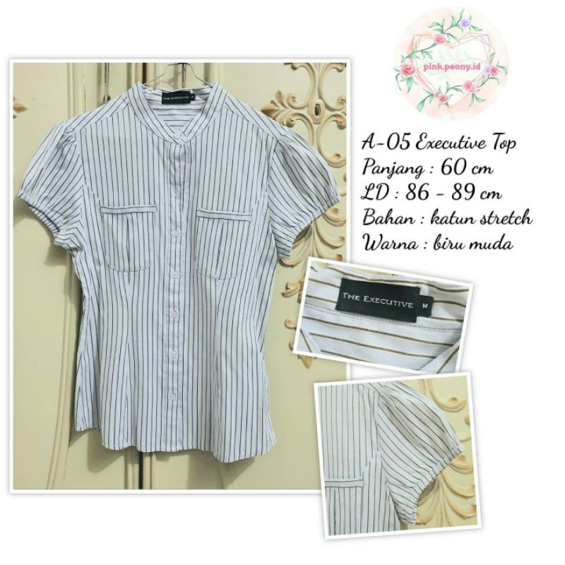 A-05 EXECUTIVE TOP / KEMEJA CEWEK KERAH SHANGHAI GARIS BIRU MUDA KATUN STRETCH MELAR