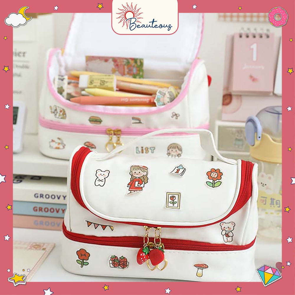 Pouch Make Up Tas Kosmetik Tempat Stationary Korean Pensil Case Serbaguna Free Stiker Cute