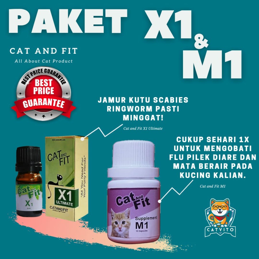 PAKET Obat kucing anti jamur kutu scabies dan Obat Flu Pilek Diare Paket Cat and fit X1 Tetes dan M1 Kapsul