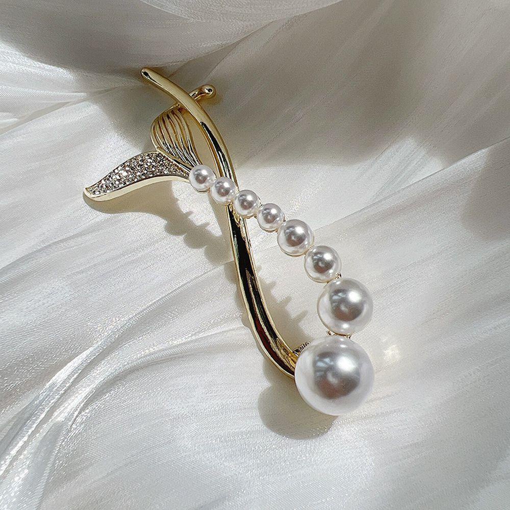Agustina Wanita Jepit Rambut Elegan Hiasan Kepala Mutiara Fishtail Kodok Gesper Zirkon Ponytail Holder