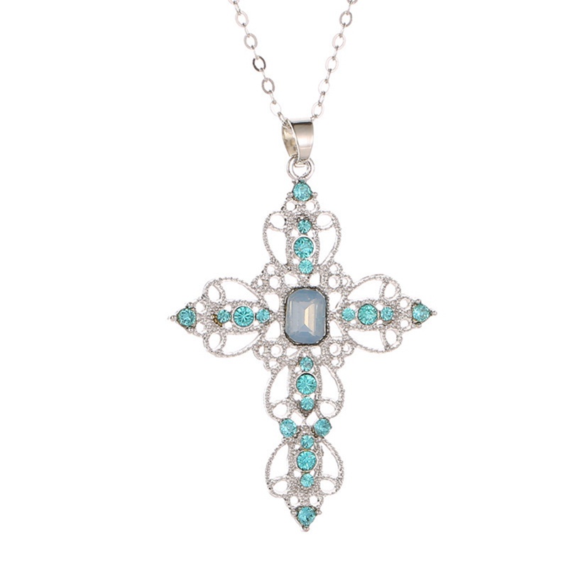 925 Sterling Silver Cross Pendant Inlaid Blue Crystal Diamond Necklace Women Jewelry Bride Wedding Accessories