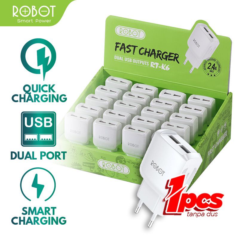 Charger HP 2 Port USB ROBOT RT-K6 2.4A Adaptor Charger Smartphone CNS