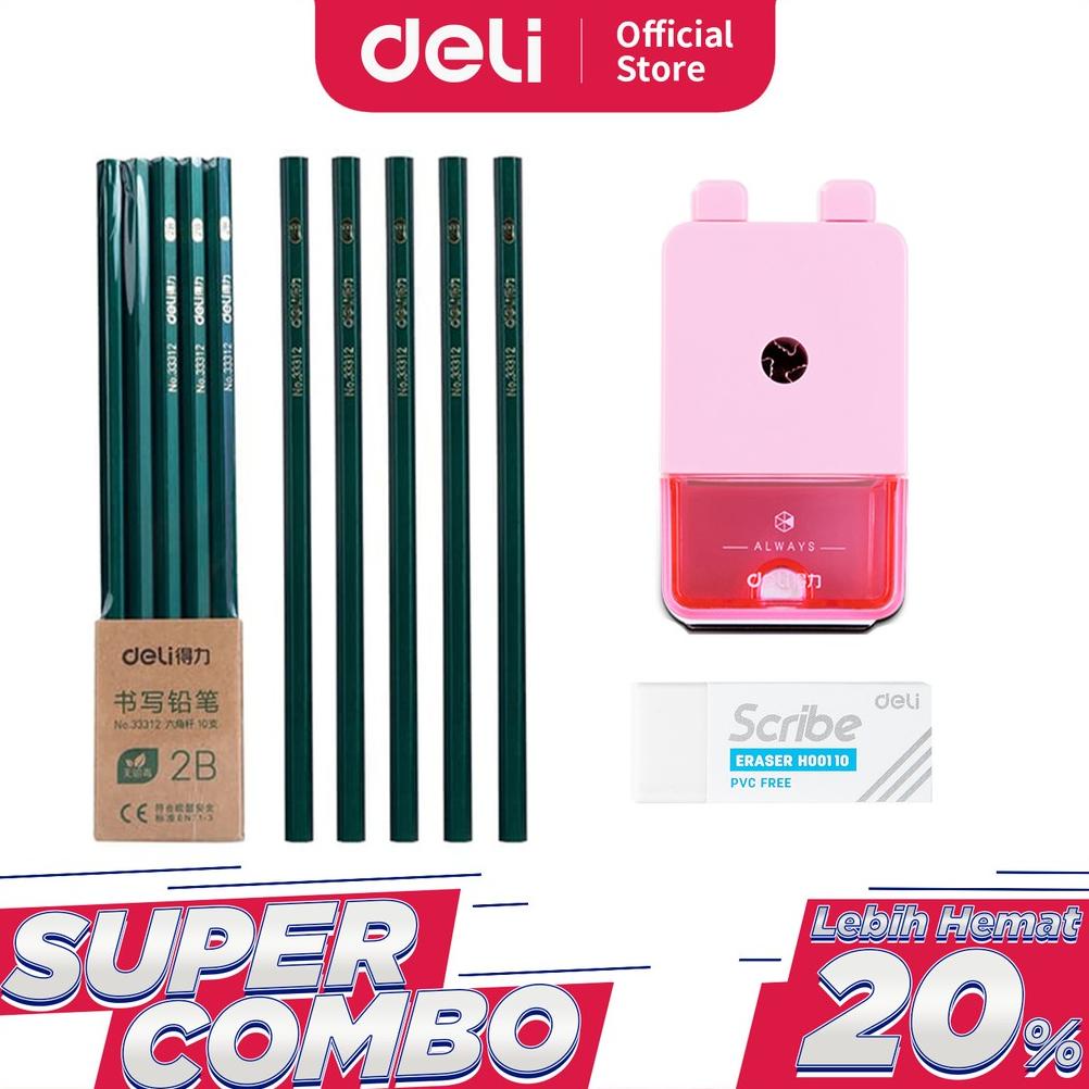

((BISA COD)) Deli Combo Set 2 - 10pcs Pensil 2B + 3pcs Penghapus + Rautan Putar