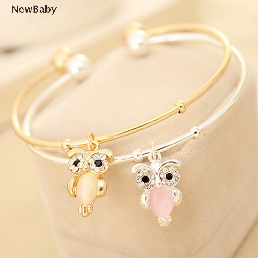 Newbaby Gelang Bangle Cuff Desain Burung Hantu Hias Berlian Imitasi Warna Silver / Gold Untuk Wanita