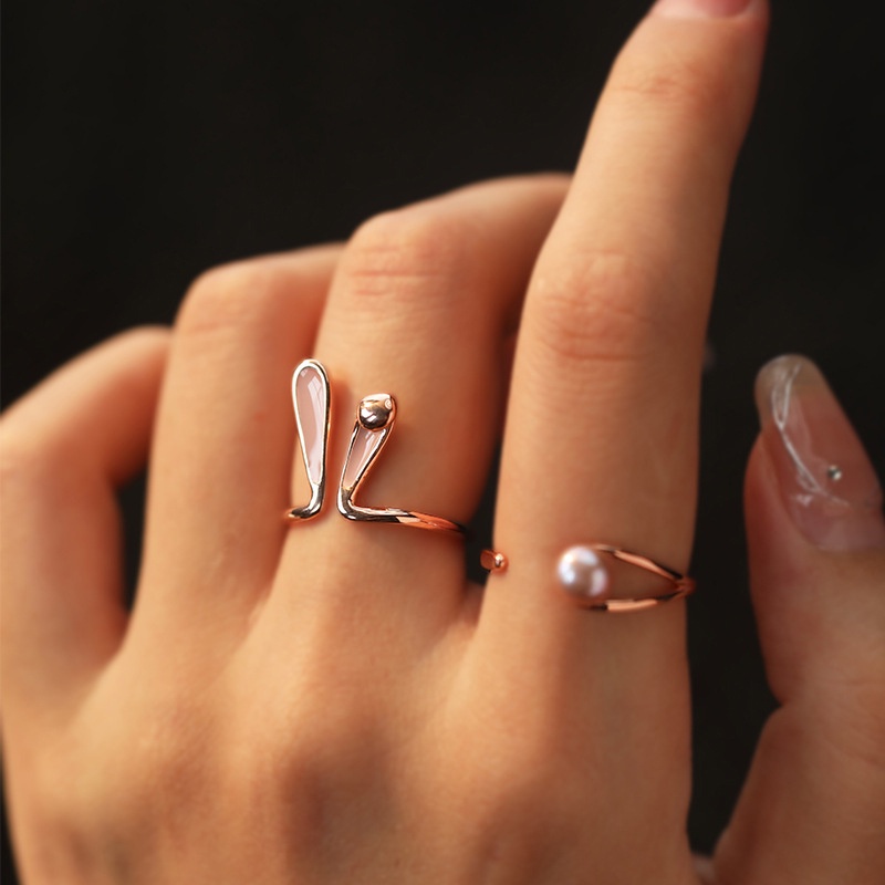 Cincin Model Terbuka Desain Telinga Kelinci Desain Lukisan Minyak Mawar adjustable Untuk Wanita